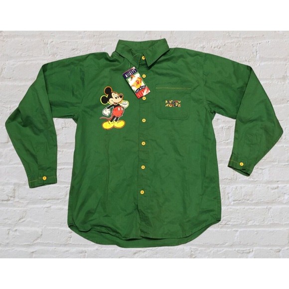 Vintage 90s Disney MICKEY MOUSE Green Long Sleeve Button Up Shirt Boys Size 14 - Picture 1 of 11